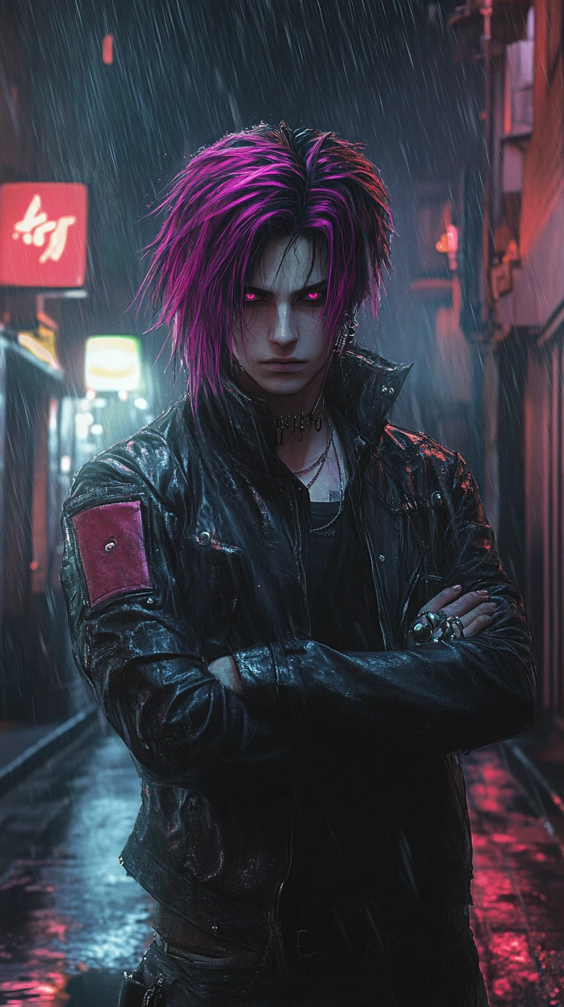 Homem de anime rebelde em viela chuvosa iluminada por neon