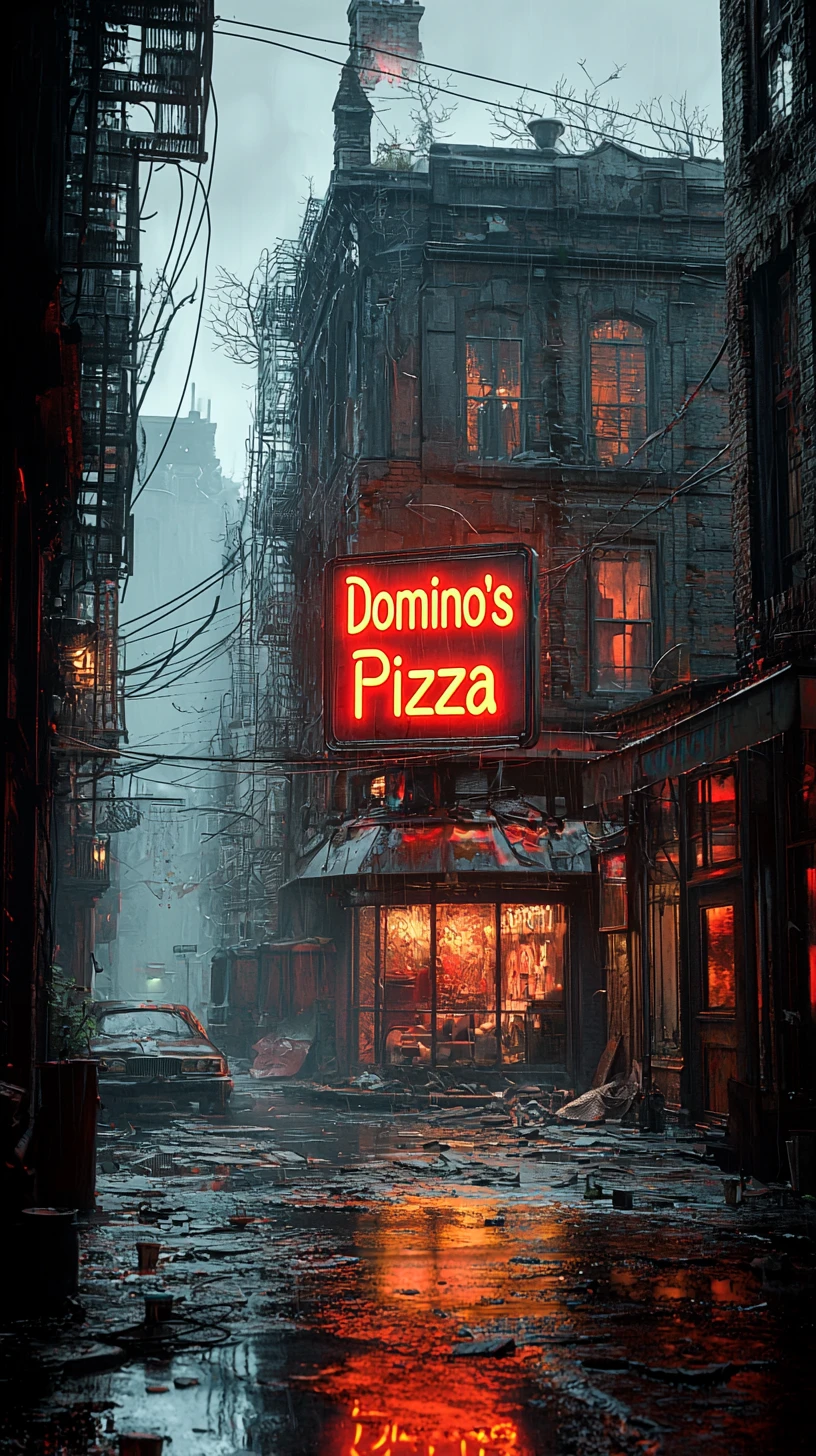 Postapokalyptische Stadtstraße mit leuchtendem Pizza-Neonschild