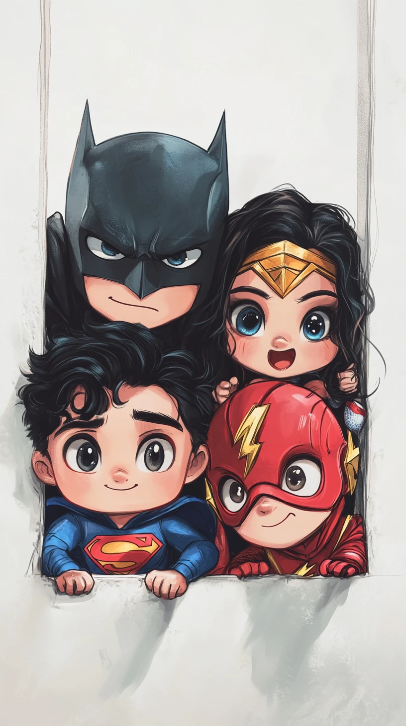 Super‑heróis chibi espiando de forma divertida por trás de uma parede branca