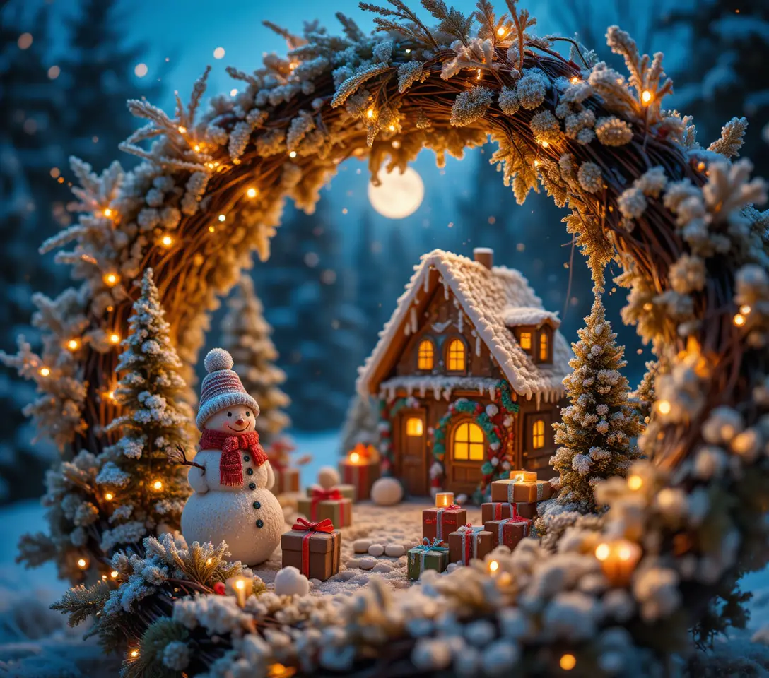 Golden holiday wreath framing a tiny winter village