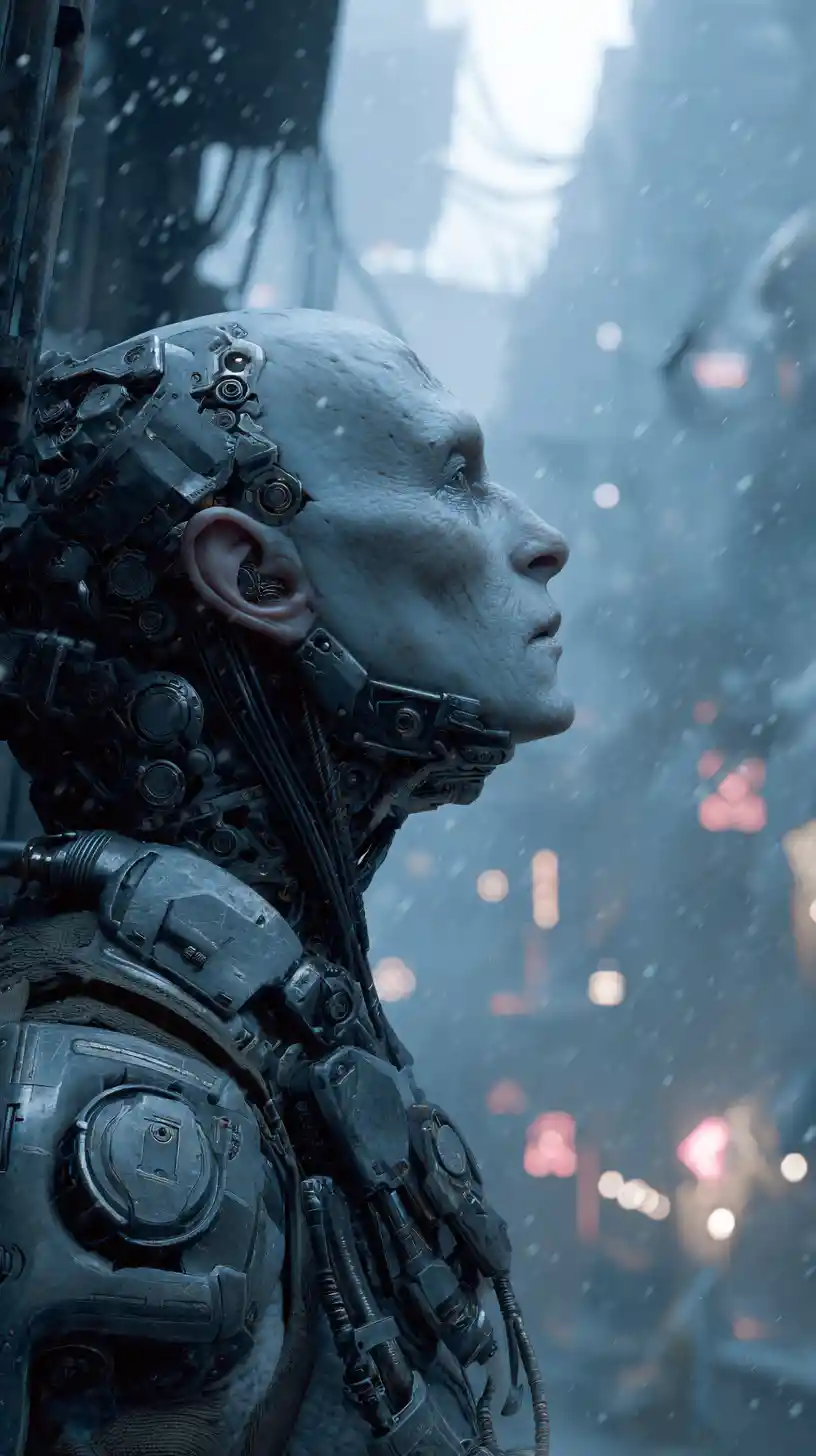 Cyborg-Krieger mit mechanischem Kiefer in dunkler Cyberpunk-Stadt