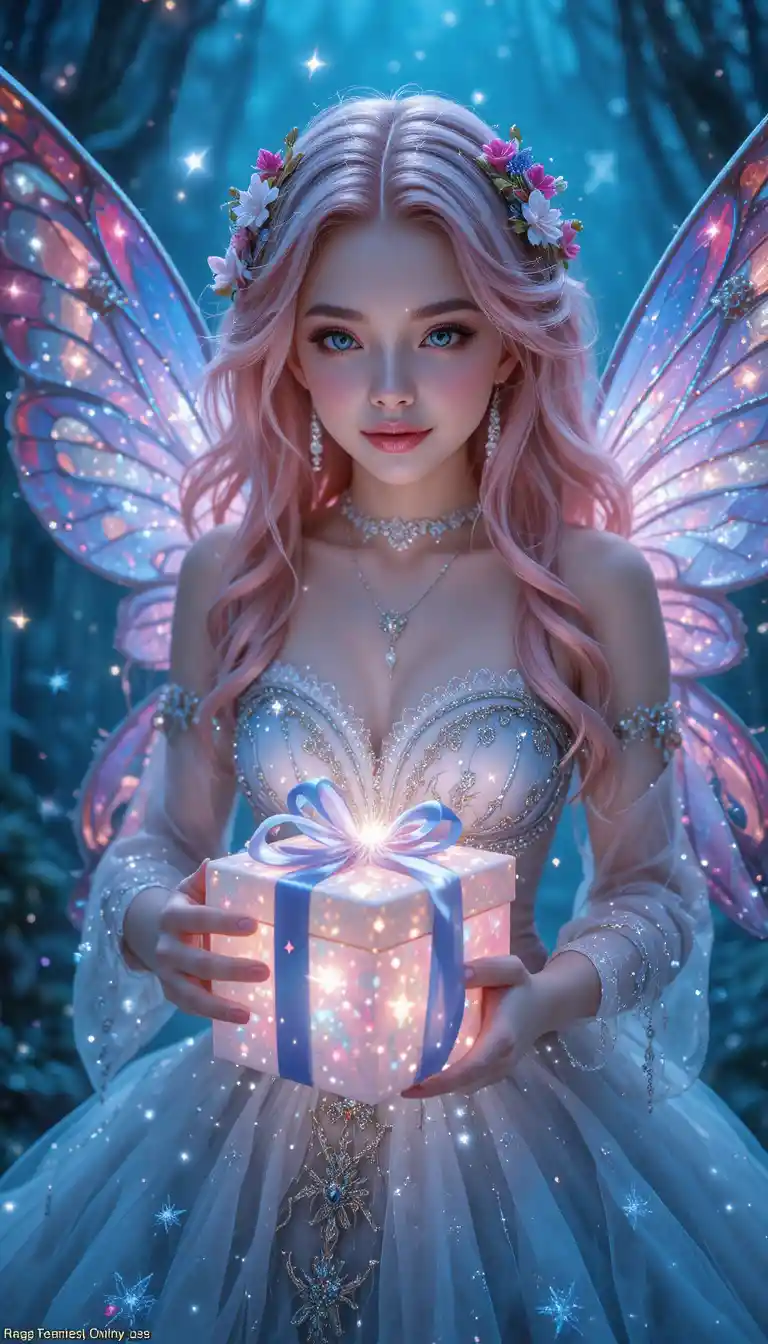 Fairy Girl With Glowing Gift Box In Starry Magic Light