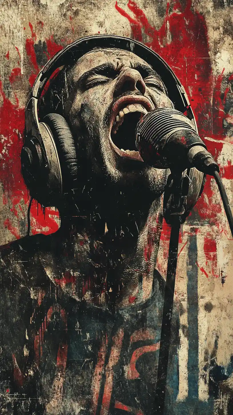 Hip hop singer performing into vintage microphone in graffiti collage