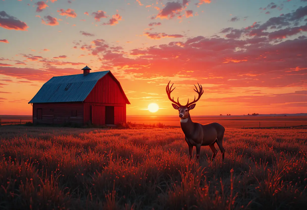 Cerf de Virginie devant une vieille grange rouge au coucher du soleil
