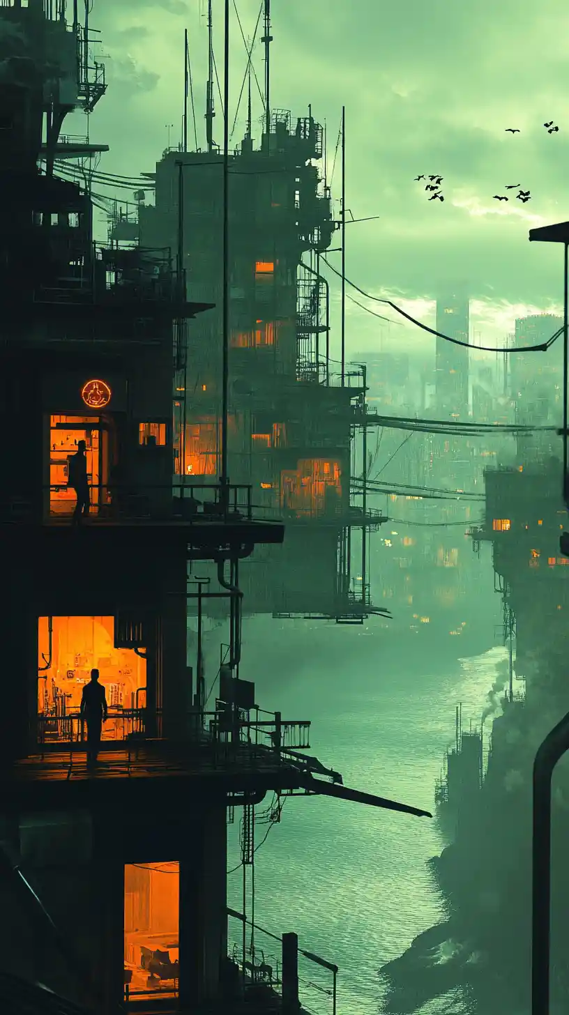 Dark industrial city with glowing orange building interiors
