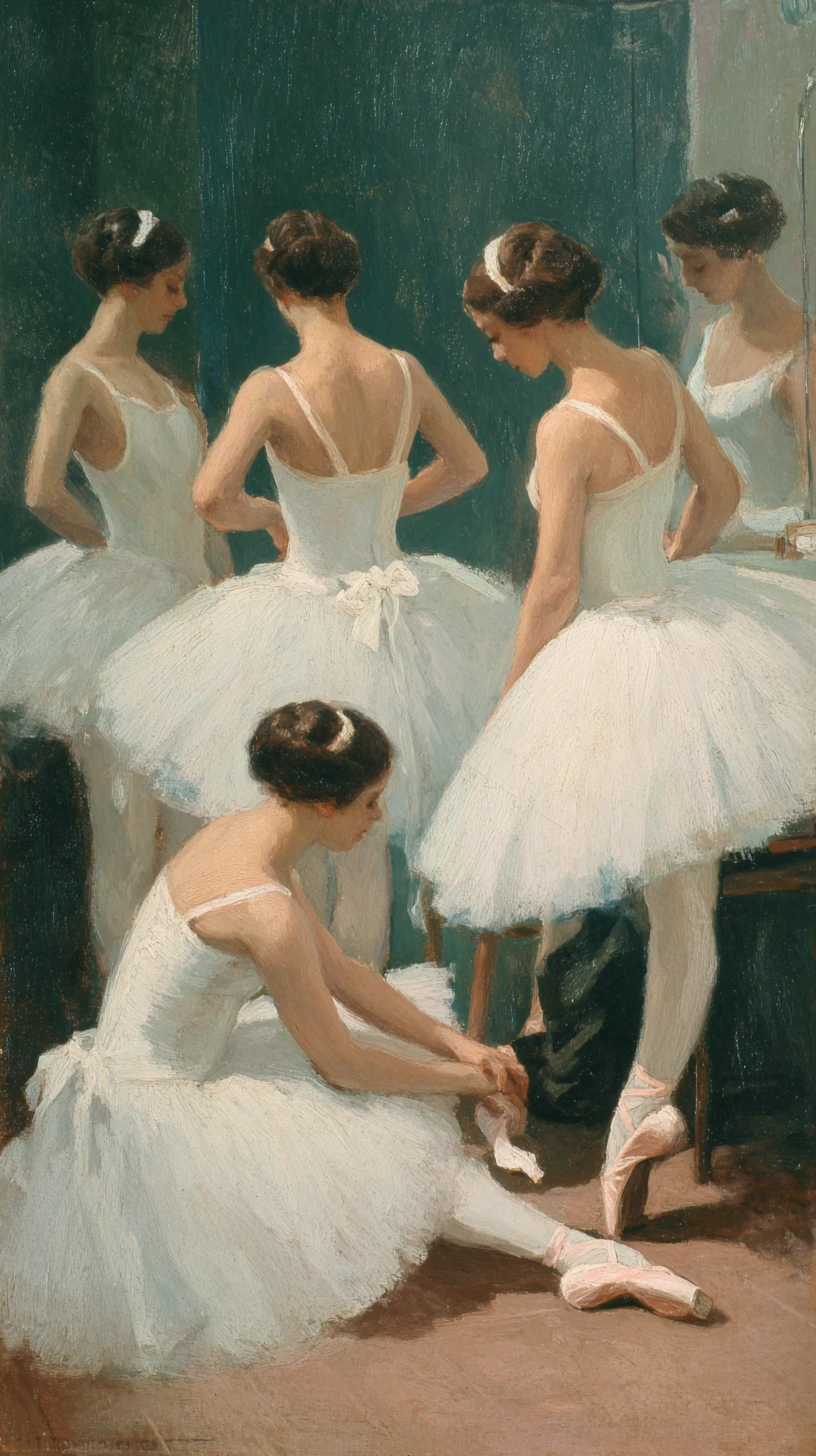 Impressionist oil painting of ballerinas preparing backstage