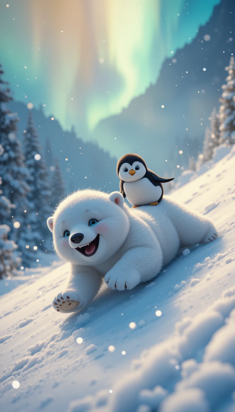 Filhote de urso-polar e pinguim escorregando por uma colina nevada