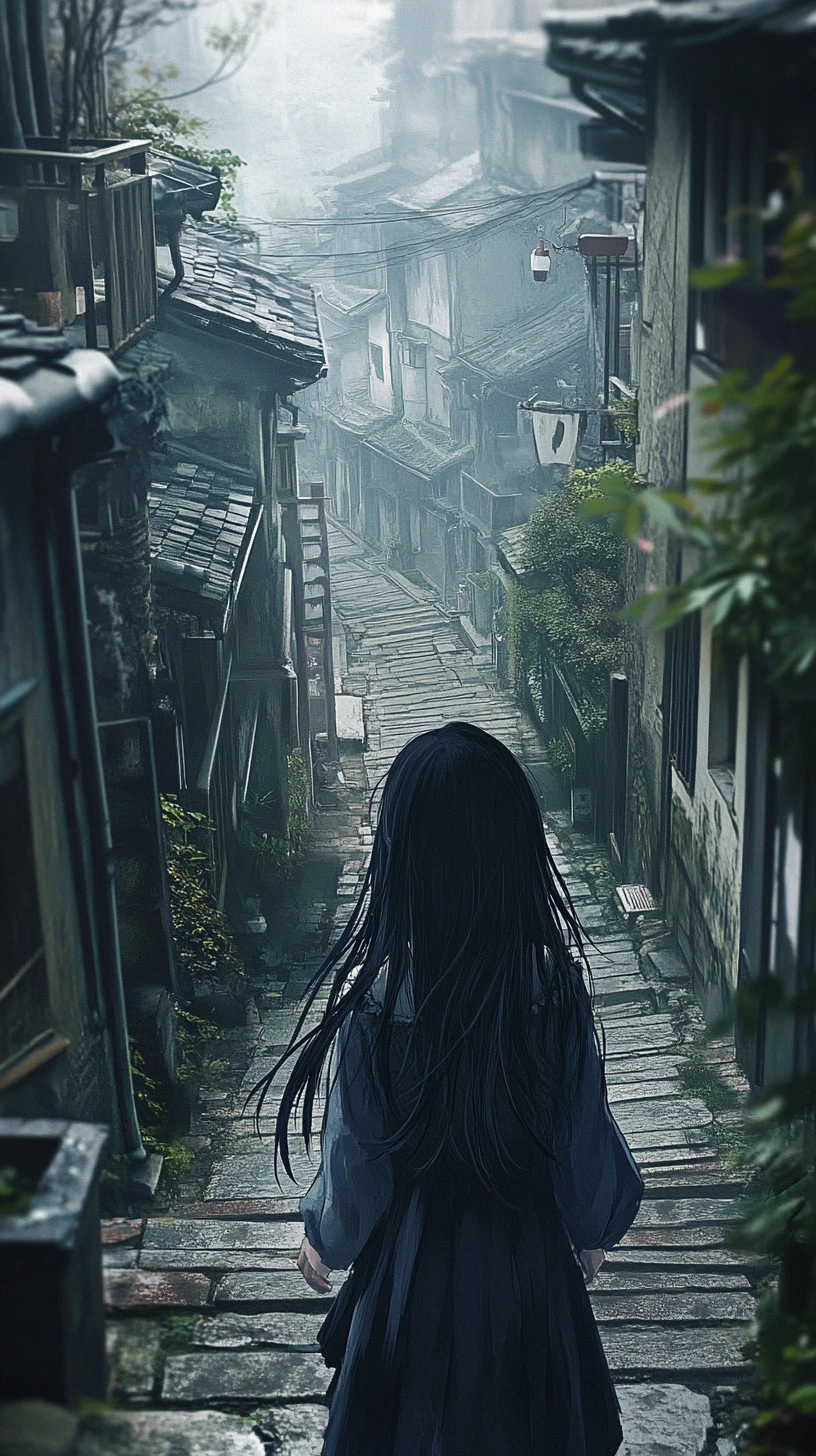 Chica de anime caminando por un estrecho callejón histórico