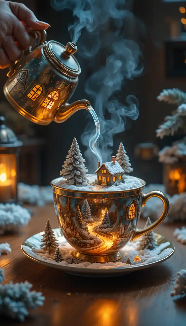 Nahaufnahme einer Tasse mit winziger 3D-Winterwelt im Inneren