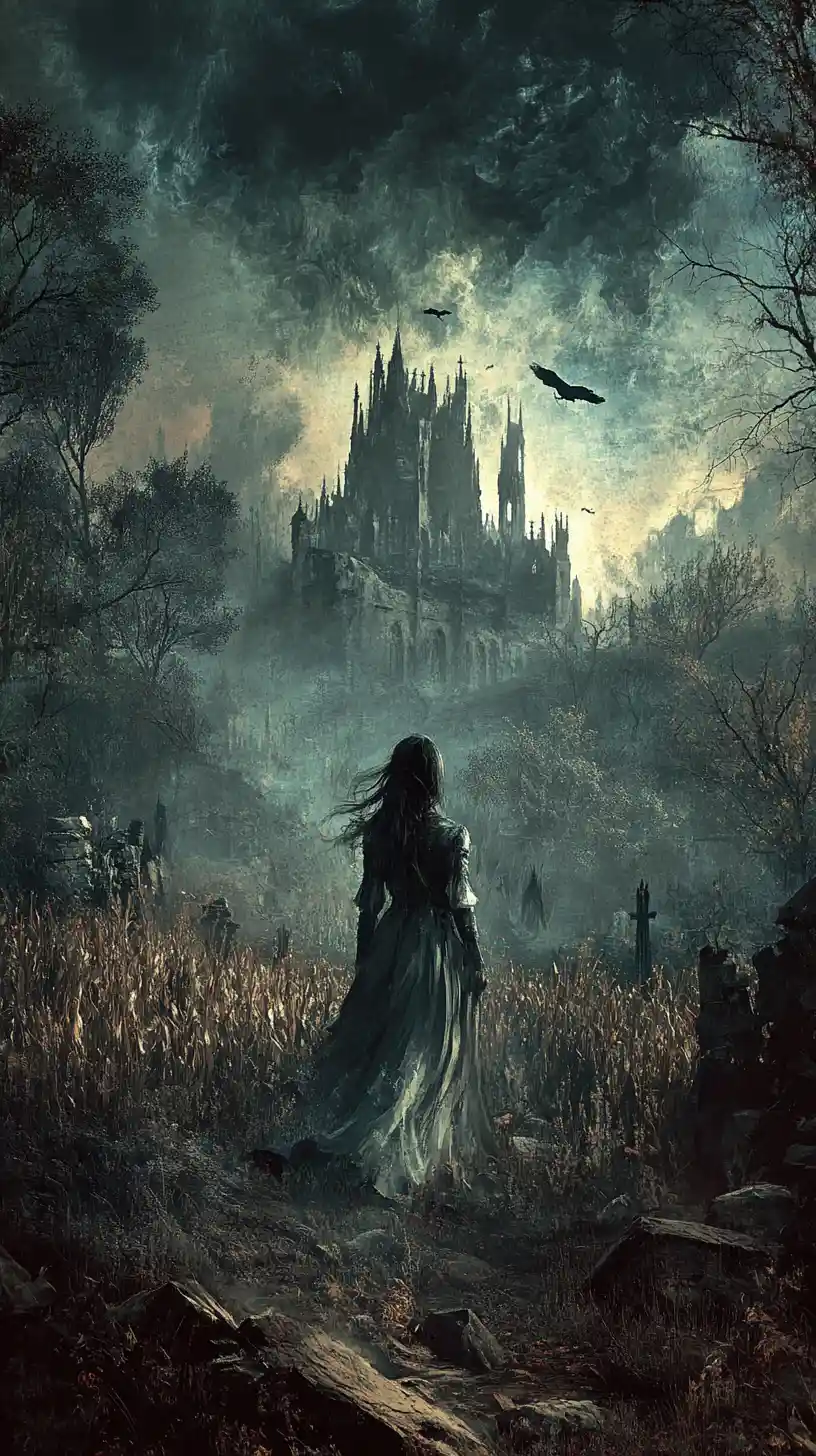 Gothic woman standing in a wild cornfield under storm clouds