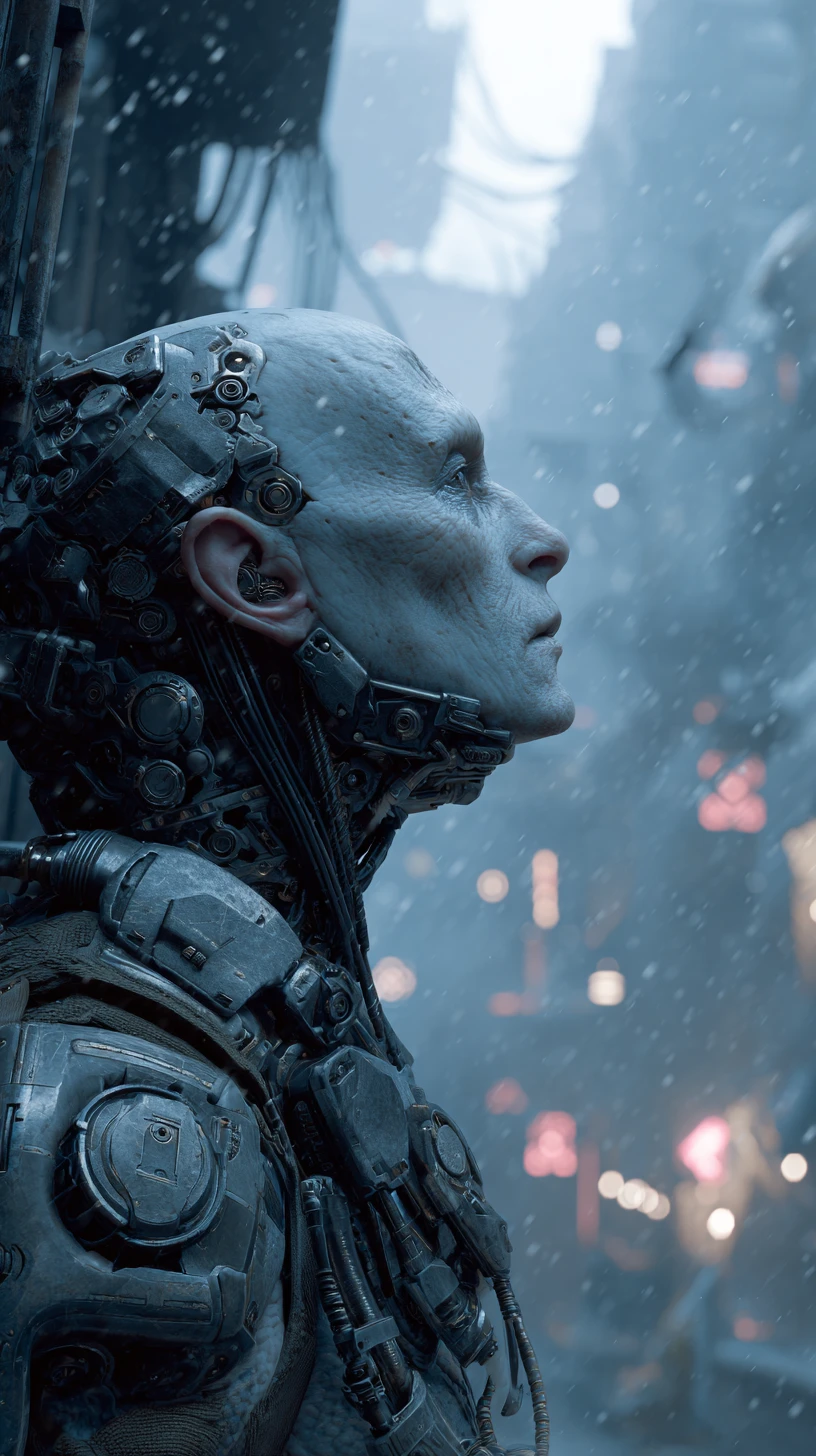 Guerreiro ciborgue com mandíbula mecânica em cidade cyberpunk sombria