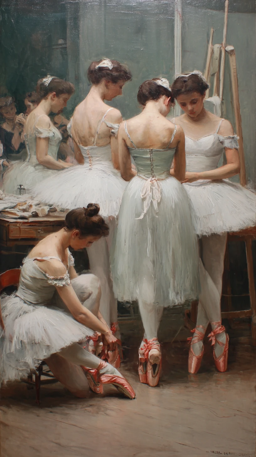 Impressionistisches Gemälde von vier Ballerinas, die sich hinter der Bühne vorbereiten