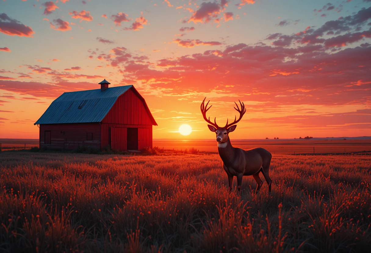 Veado-de-cauda-branca diante de um celeiro vermelho antigo ao pôr do sol