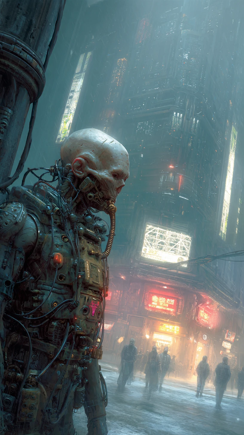 Retrato de cíborg cyberpunk en una ciudad futurista oscura