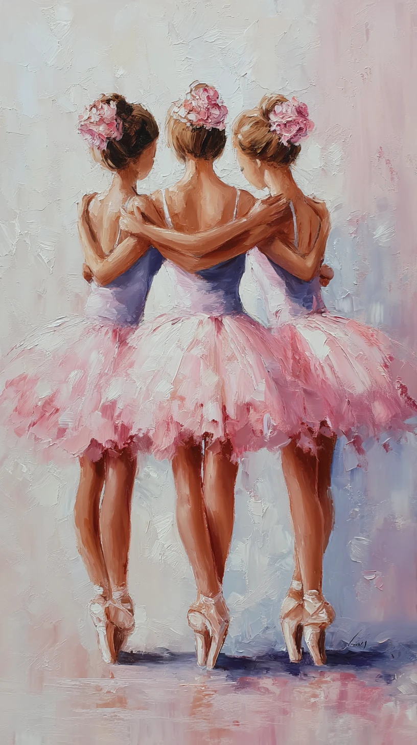 Drei Ballerinas in pastellfarbenen Tutus stehen gemeinsam en pointe