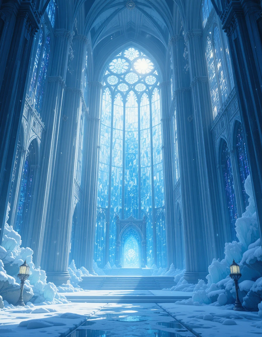 Anime ice cathedral with glowing stained glass interior