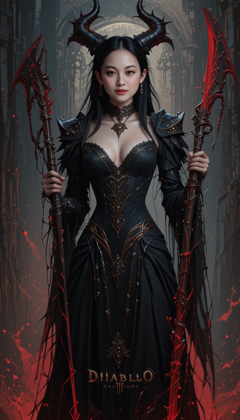 Dark fantasy woman warrior holding a red scythe