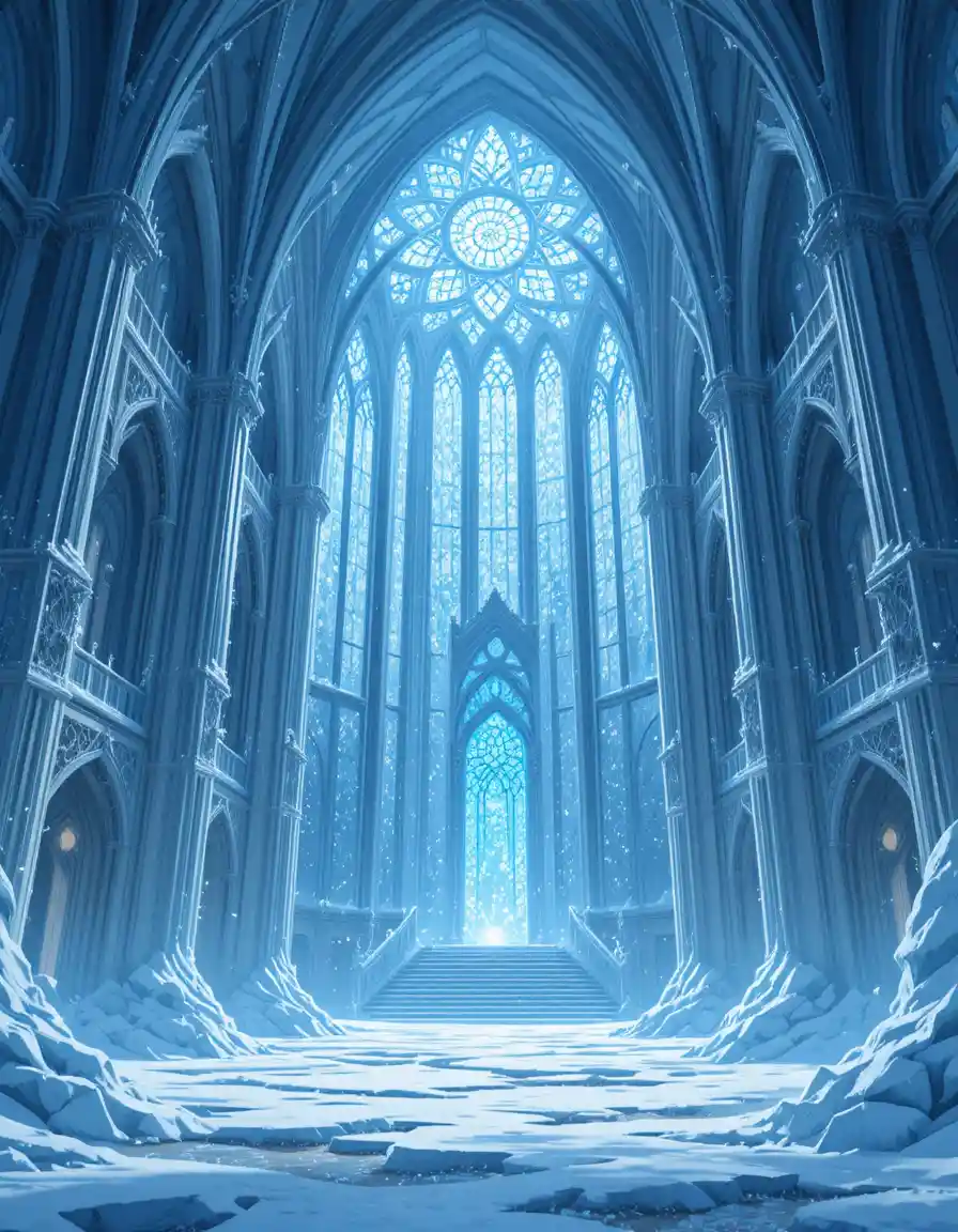 Monumental ice cathedral with glowing stained glass lights