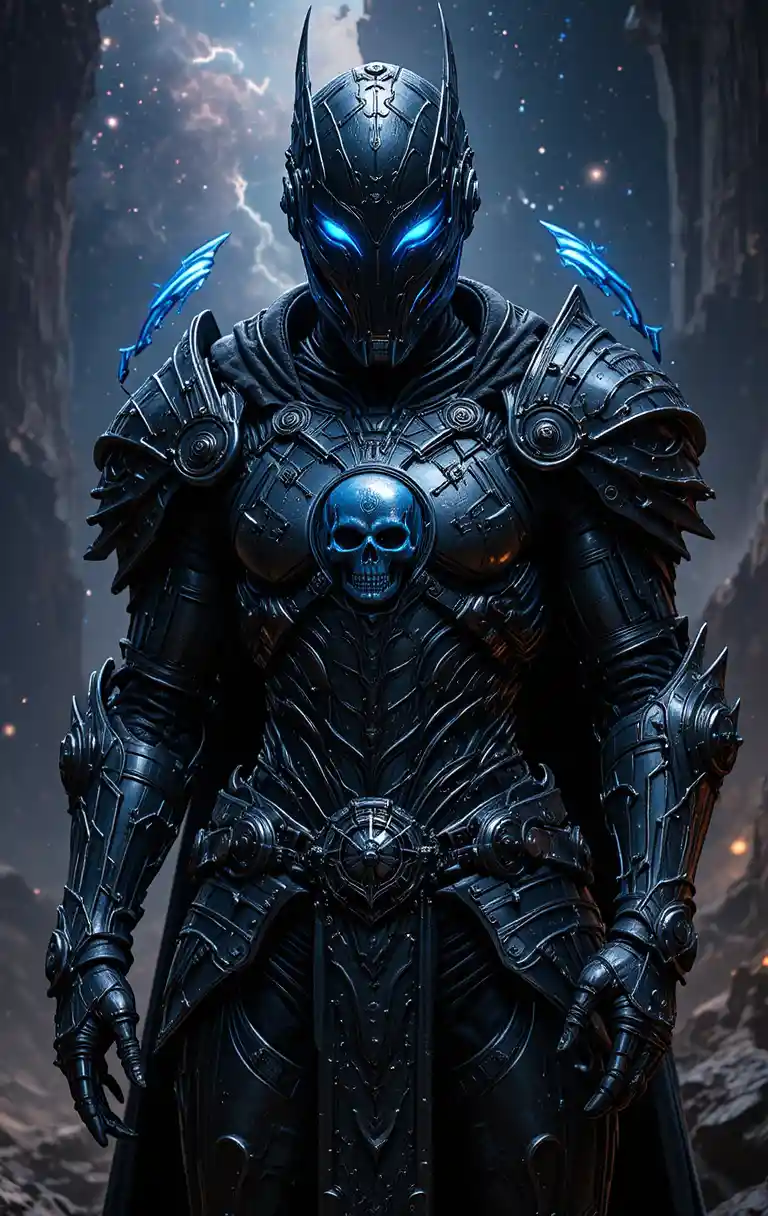 Armored knight with glowing visor before a cosmic nebula