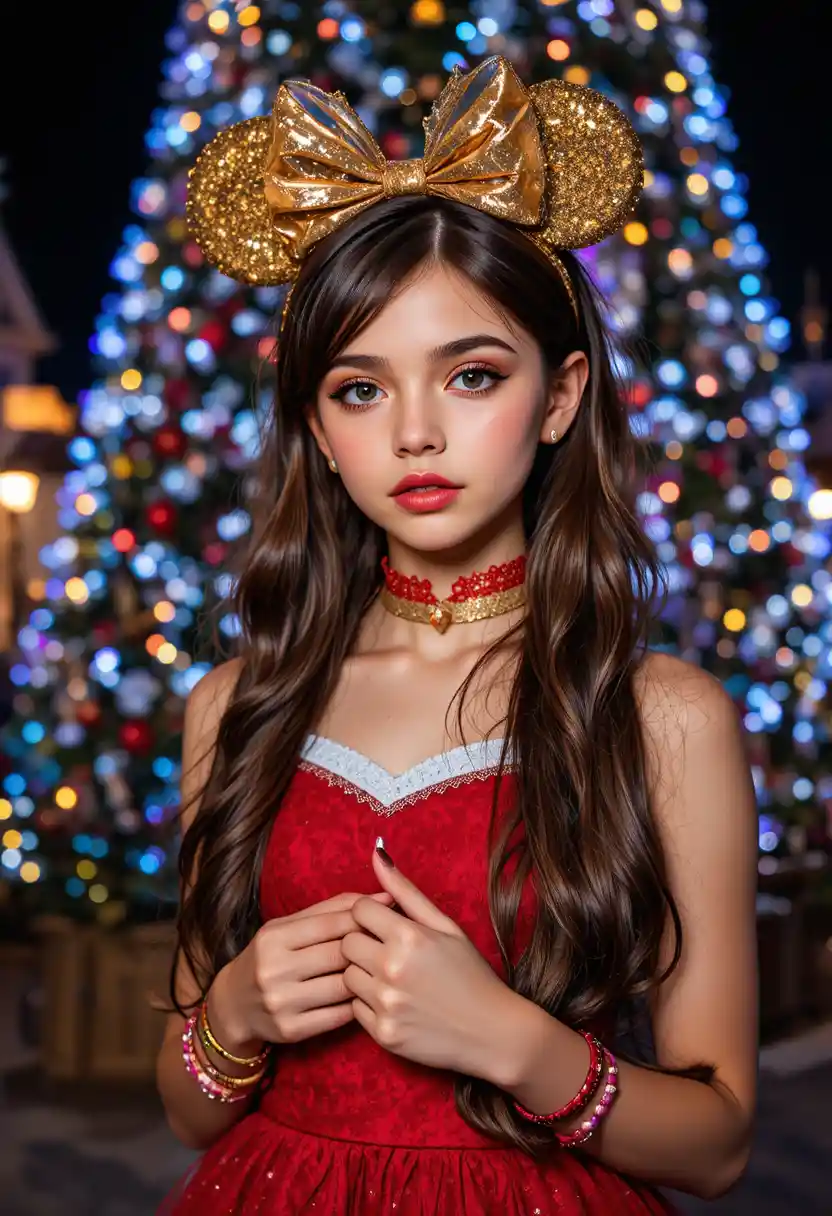 Tween in red dress before lit Christmas tree at night