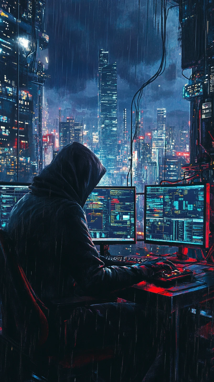ネオンに照らされたサイバーパンクな管制室のフーディ姿のハッカー
