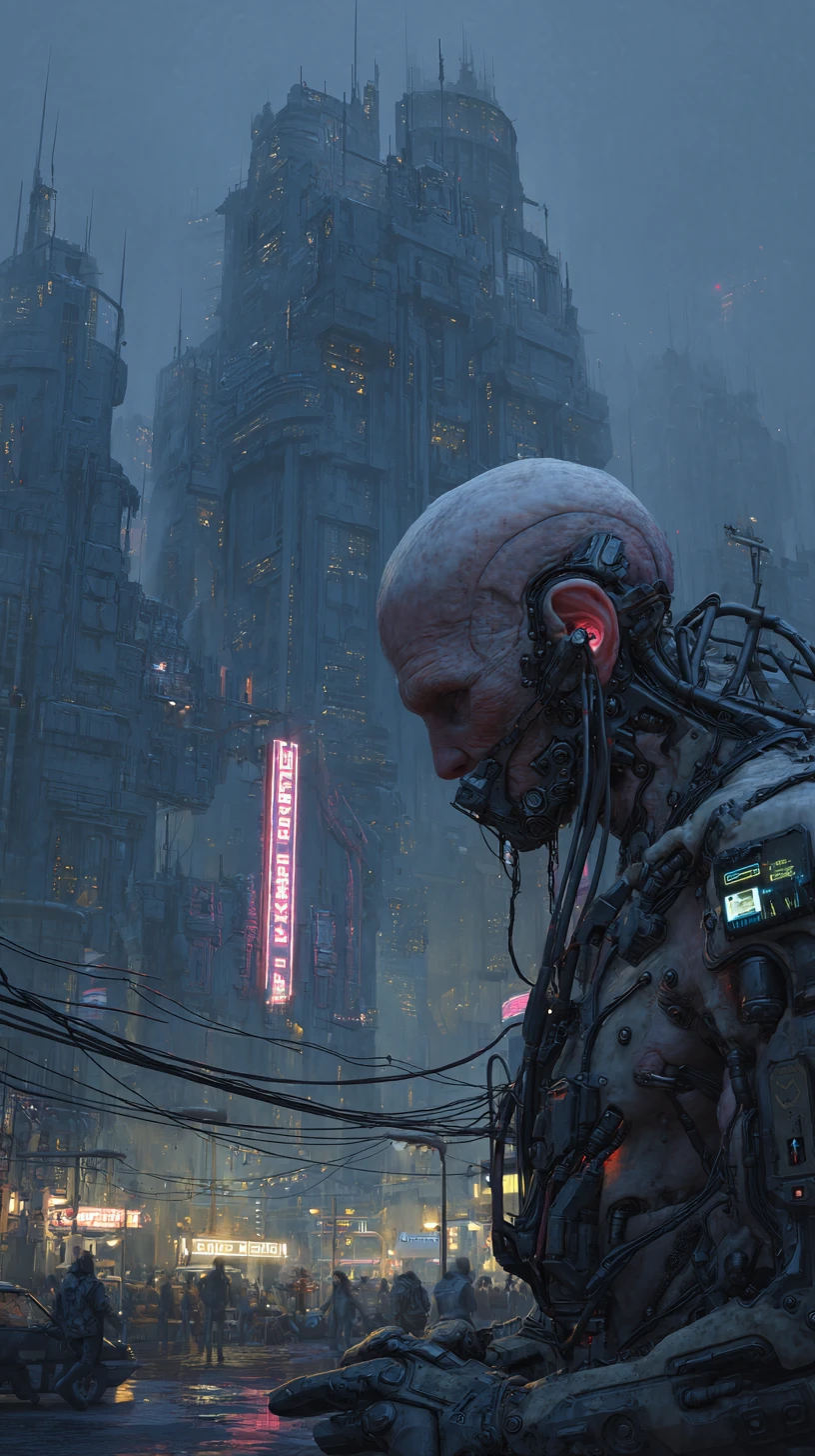 Ciborgue humanoide ameaçador em armadura cyberpunk futurista sombria