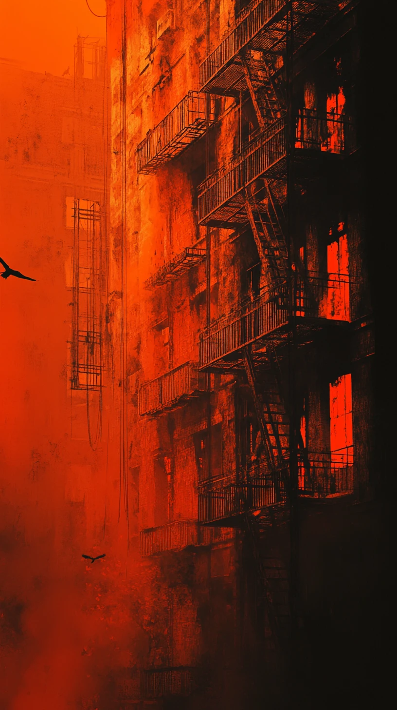 Amenazante niebla naranja alrededor de la fachada de un edificio en decadencia