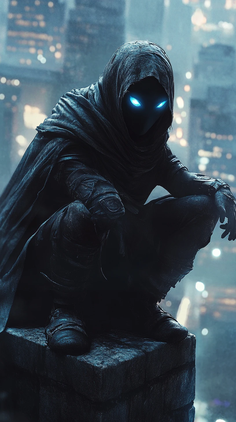 Hooded elf warrior crouching over a ruined city wall