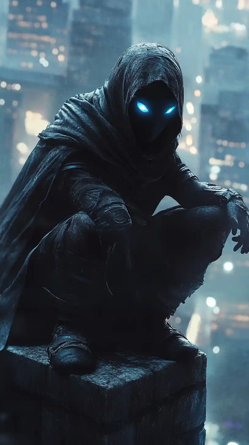 Hooded elf warrior crouching over a ruined city wall