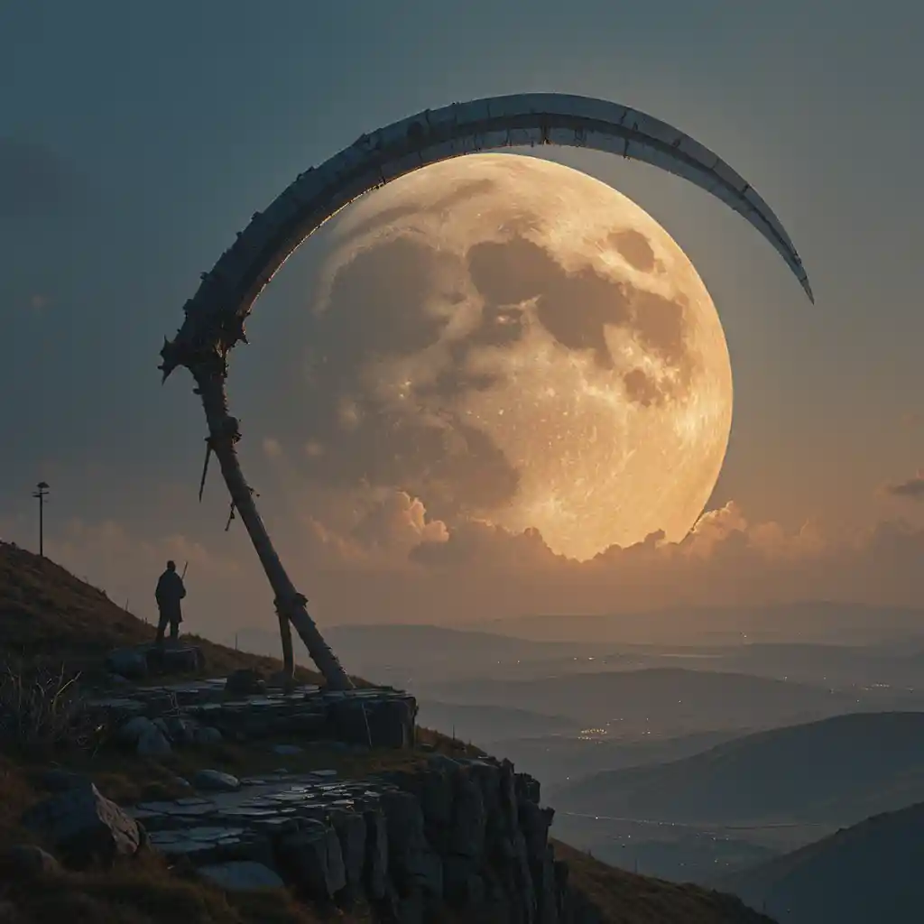 Riesige Sense vor einem aufgehenden Mond an einer hohen Klippe