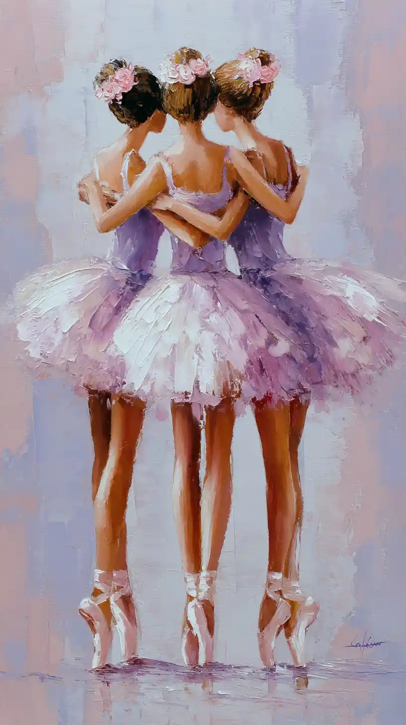 Tre ballerine in tutù pastello che si abbracciano sulle punte