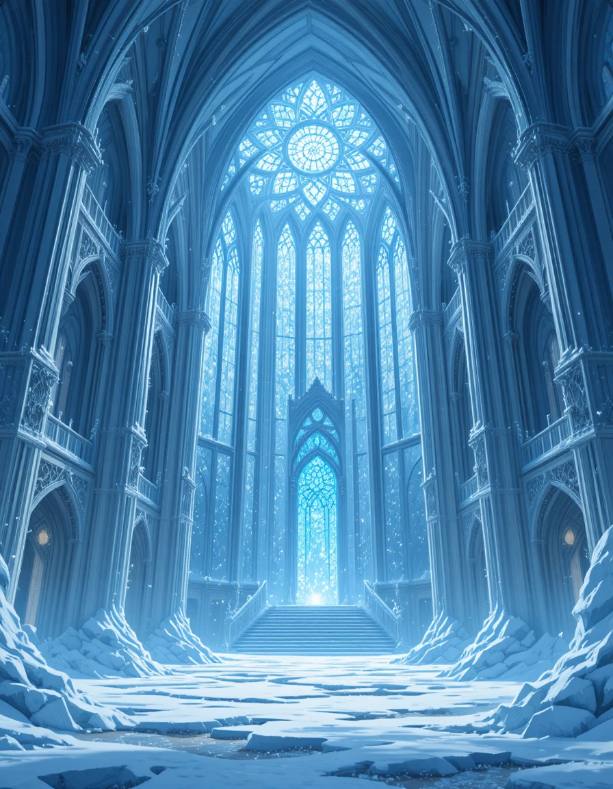 Monumental ice cathedral with glowing stained glass lights