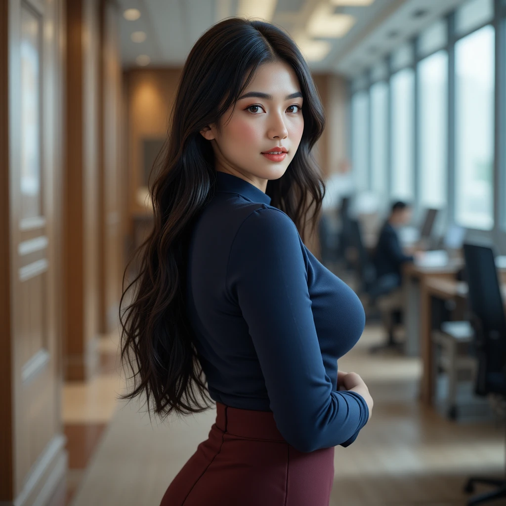 Femme américano-asiatique au bureau portant jupe et blouse