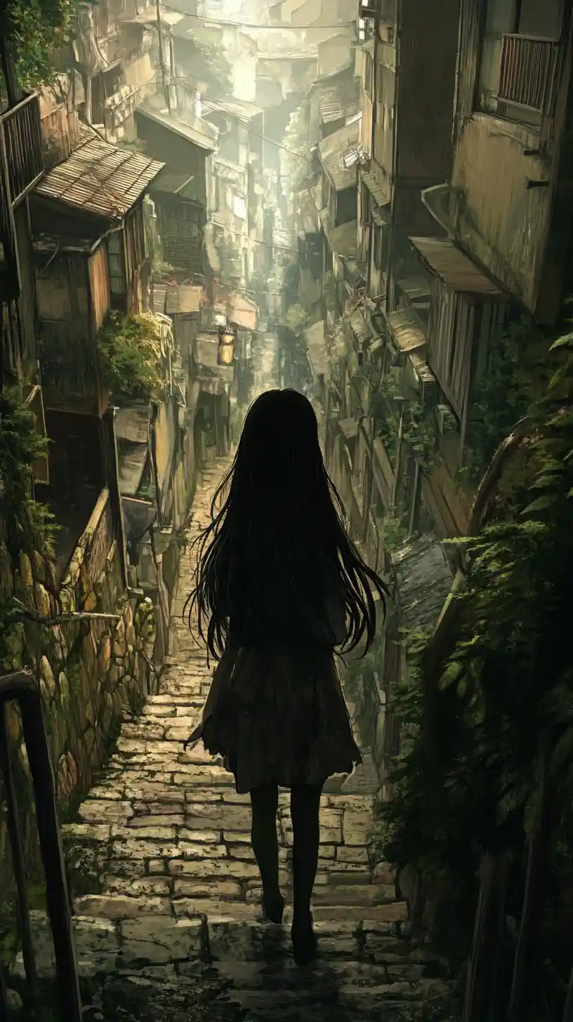 Anime girl walking down a narrow cobblestone alley