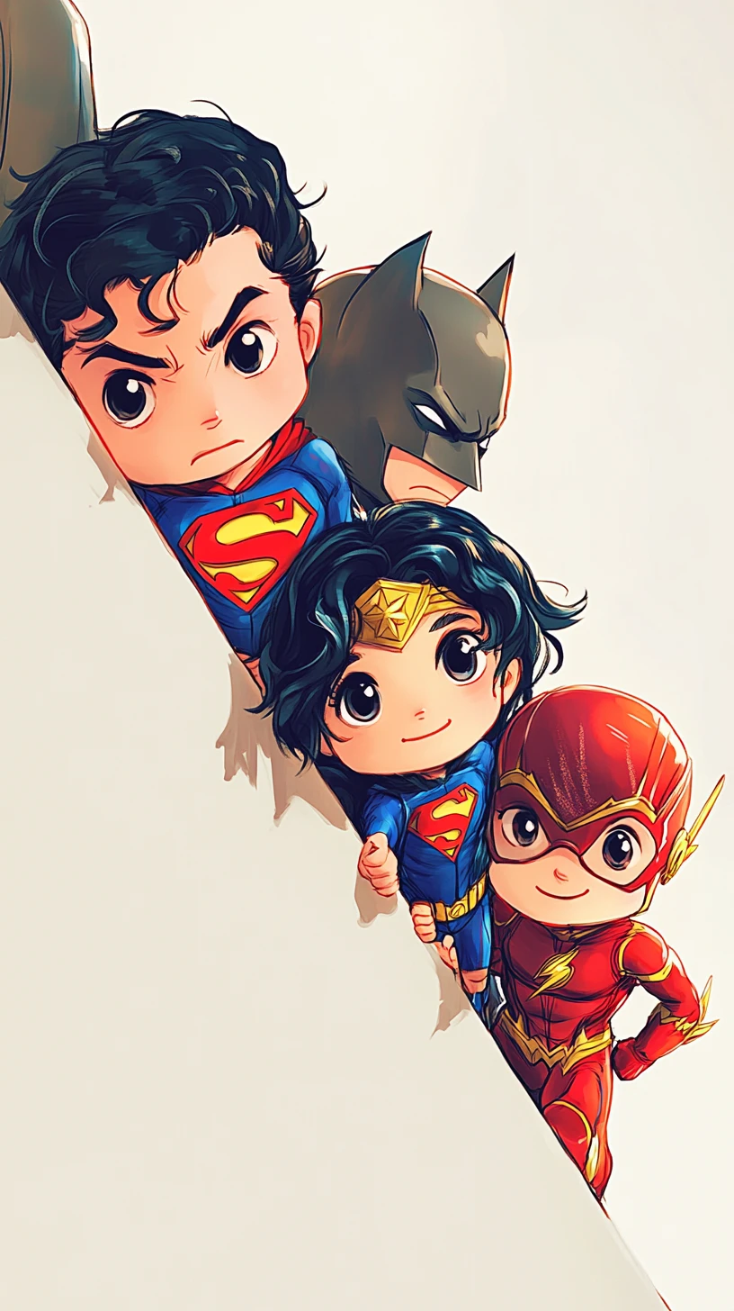 Super-heróis chibi espiando de forma brincalhona por trás de uma parede branca