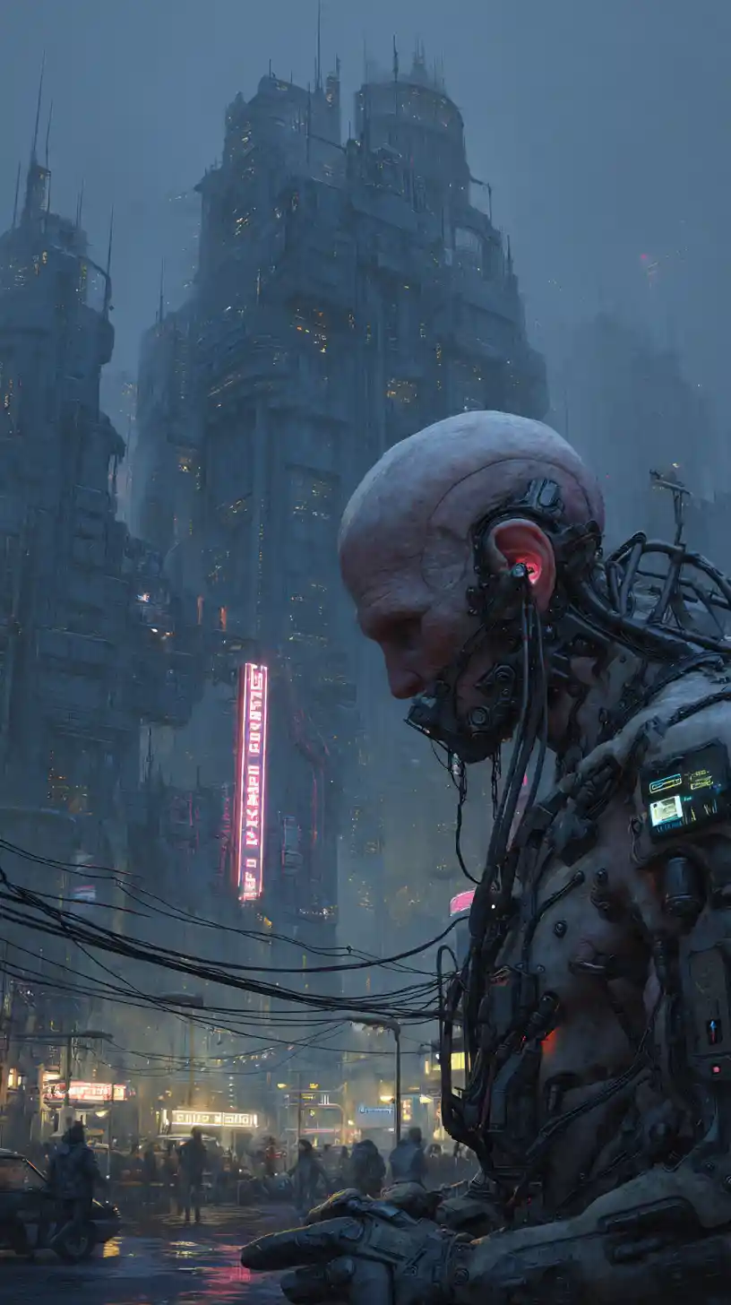 Ciborg humanoide amenazante con armadura cyberpunk futurista oscura