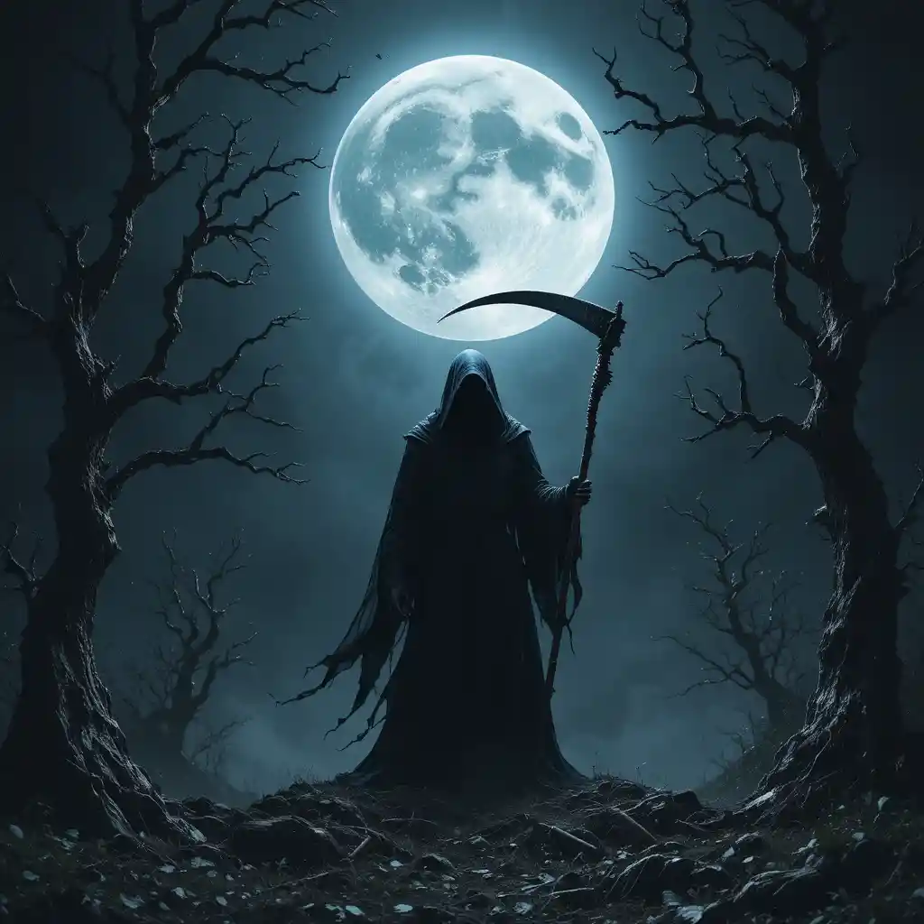 Grim reaper under a full moon in a twisted forest