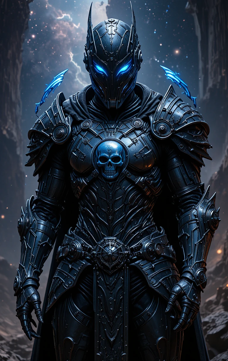 Armored knight with glowing visor before a cosmic nebula