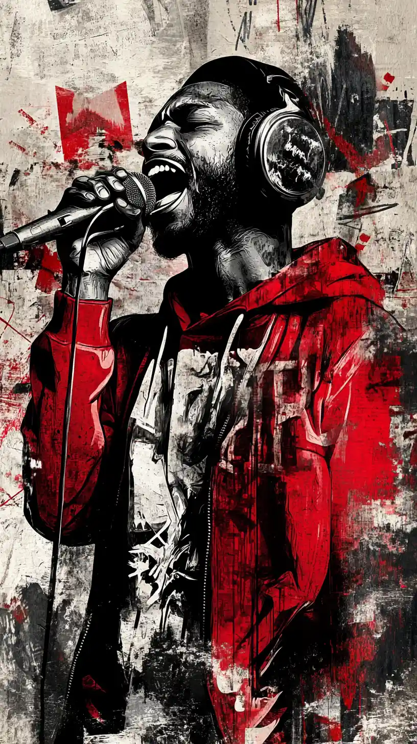 Hip hop singer performing into a vintage studio microphone