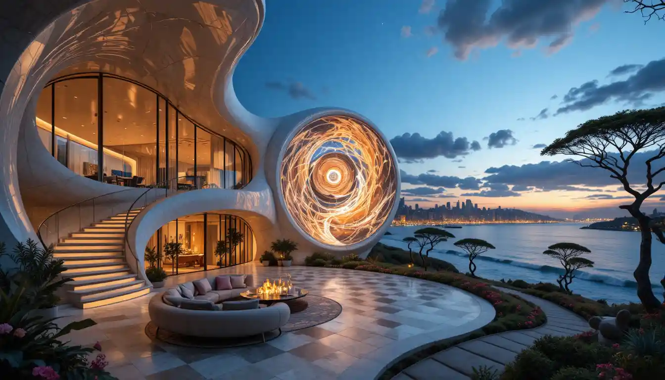 Futuristic organic villa by the ocean at sunset