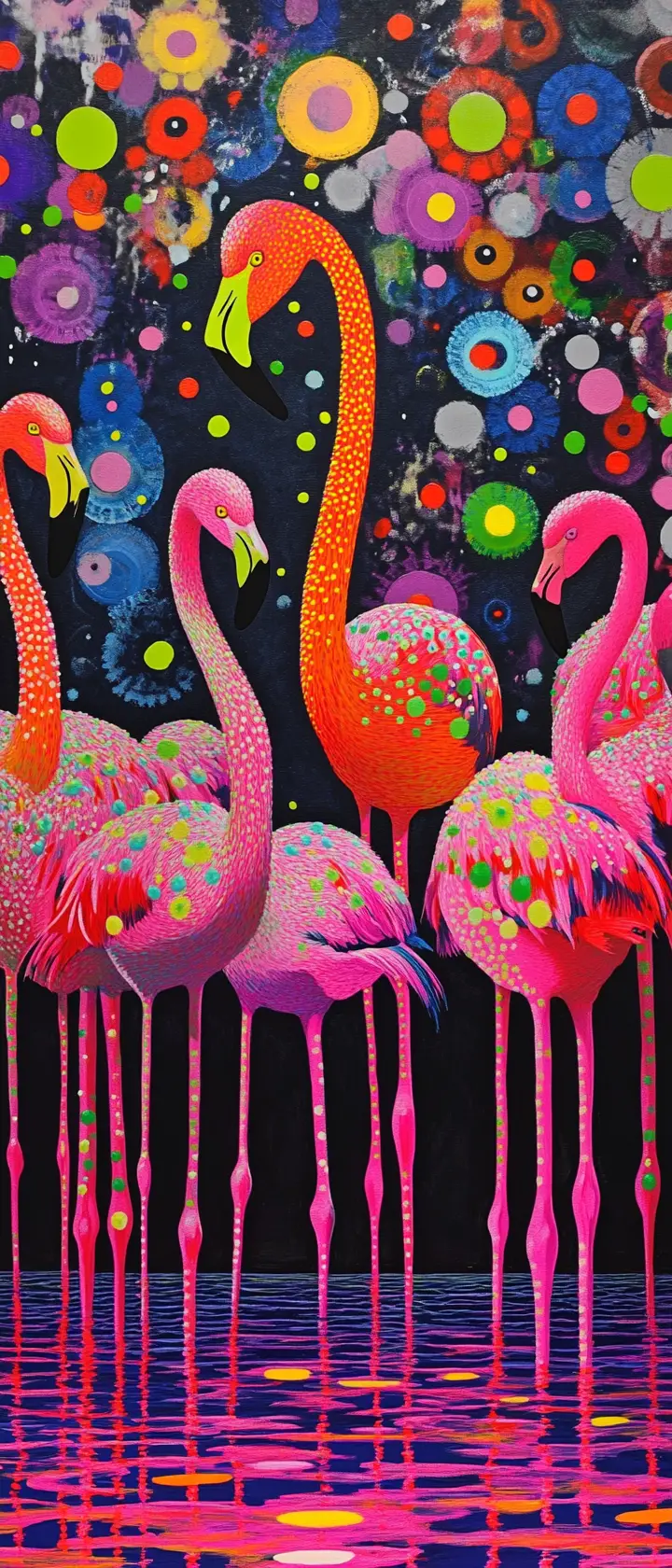 Lebendige Flamingos in einem rosa Teich mit Polka-Dots