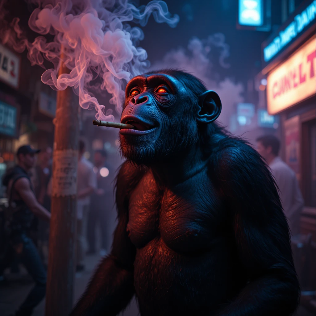 Cinematic chimpanzee with glowing eyes smoking in neon haze