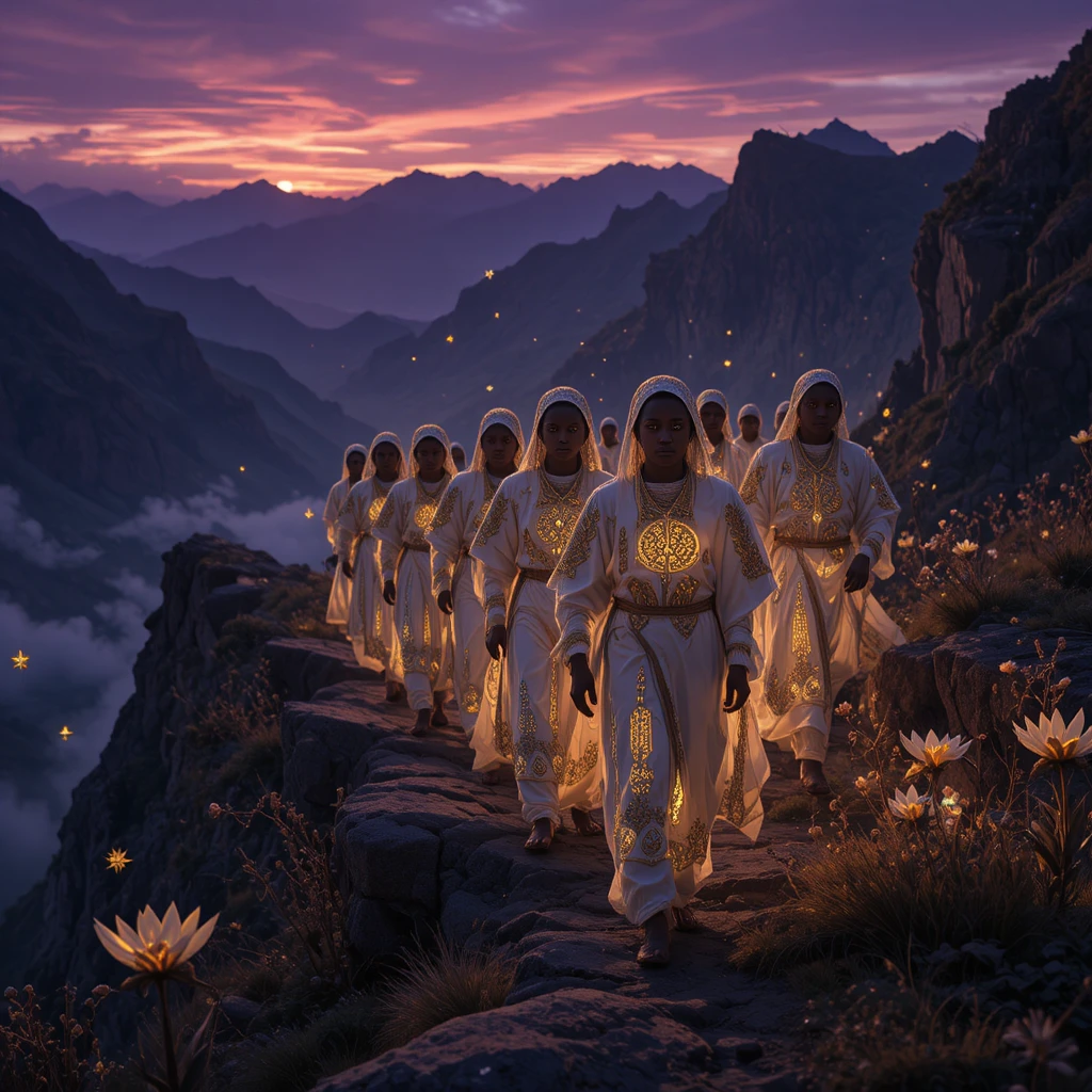 黄昏に輝く山の稜線を歩くエチオピアの農夫たち