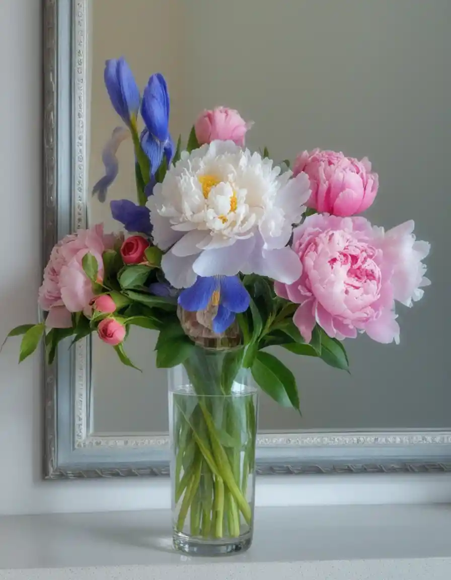 Bouquet de fleurs dans un vase en verre reflété dans un miroir encadré