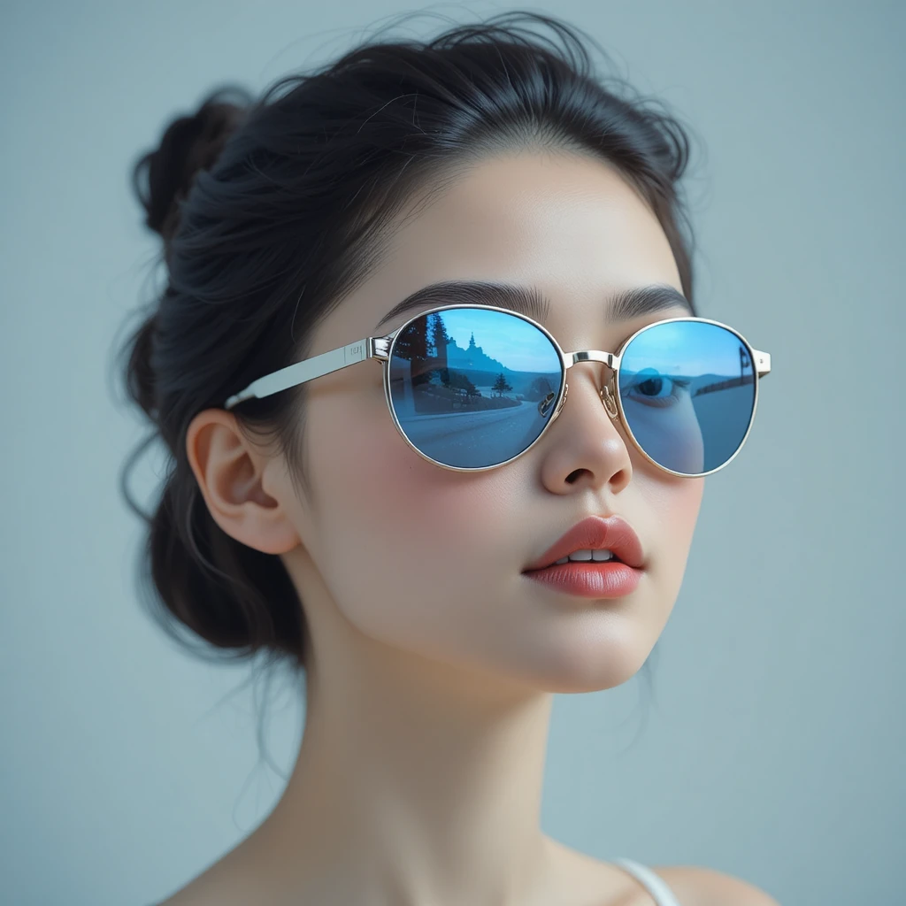 Young woman in sunglasses with dreamy blue reflection