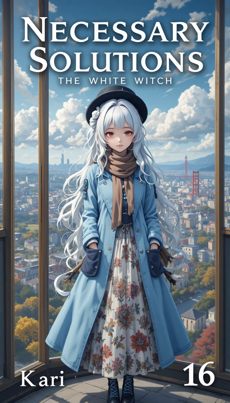 Ilustração de capa de livro com garota de anime em jardim na cobertura