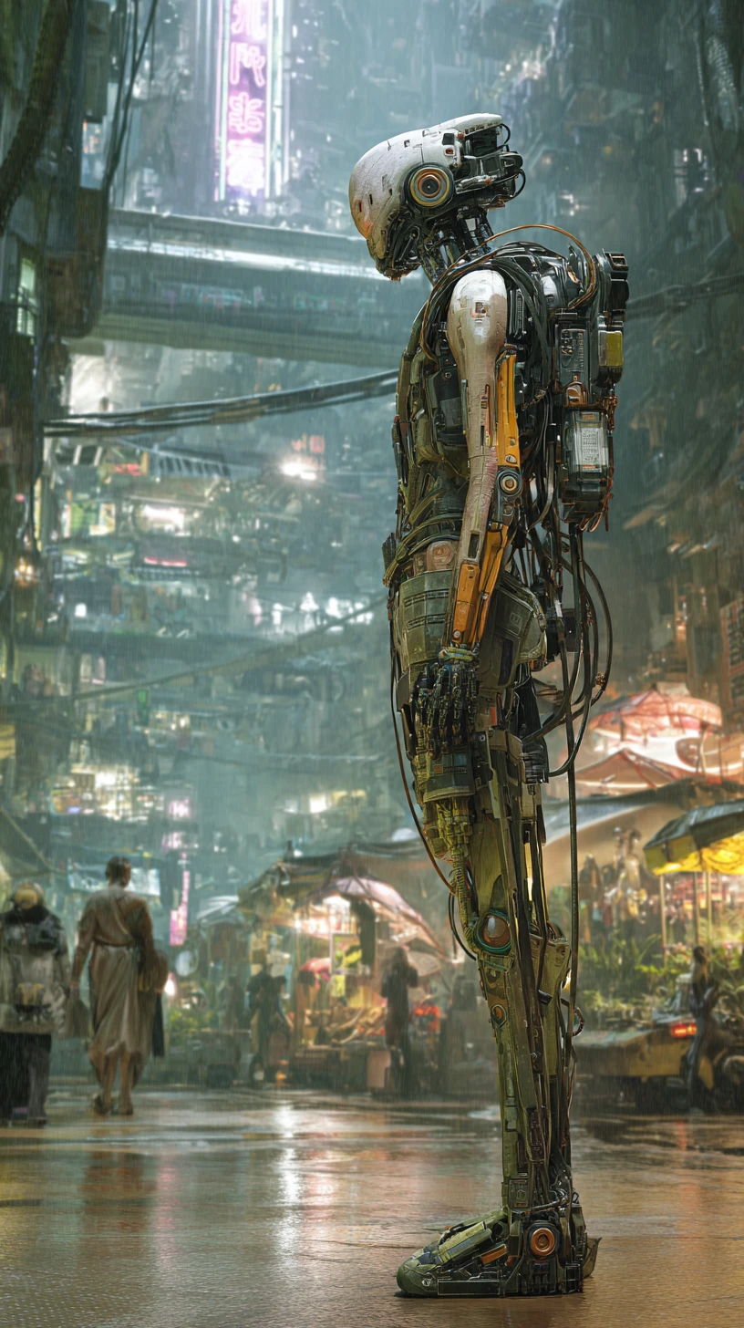 Ciborgue cyberpunk com armadura tática pesada em visão de corpo inteiro