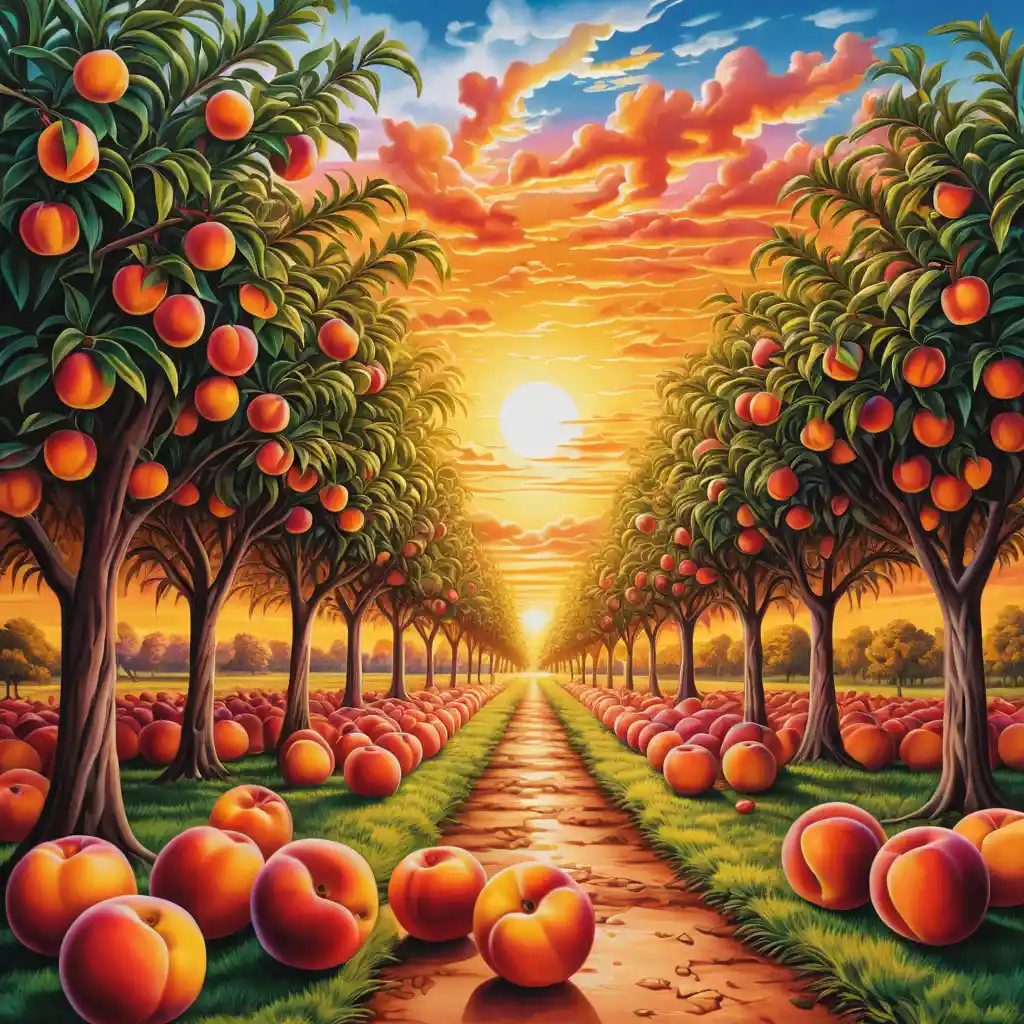 Surreal Sunrise Orchard With Nectarine Trees In Summer Colors