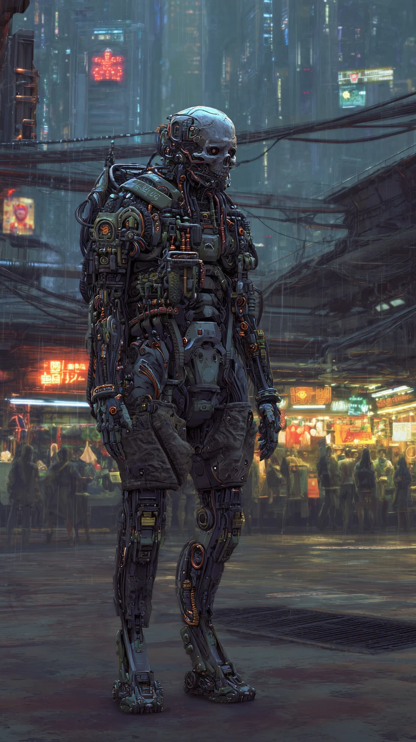 Ciborgue cyberpunk ameaçador com pesada armadura tática