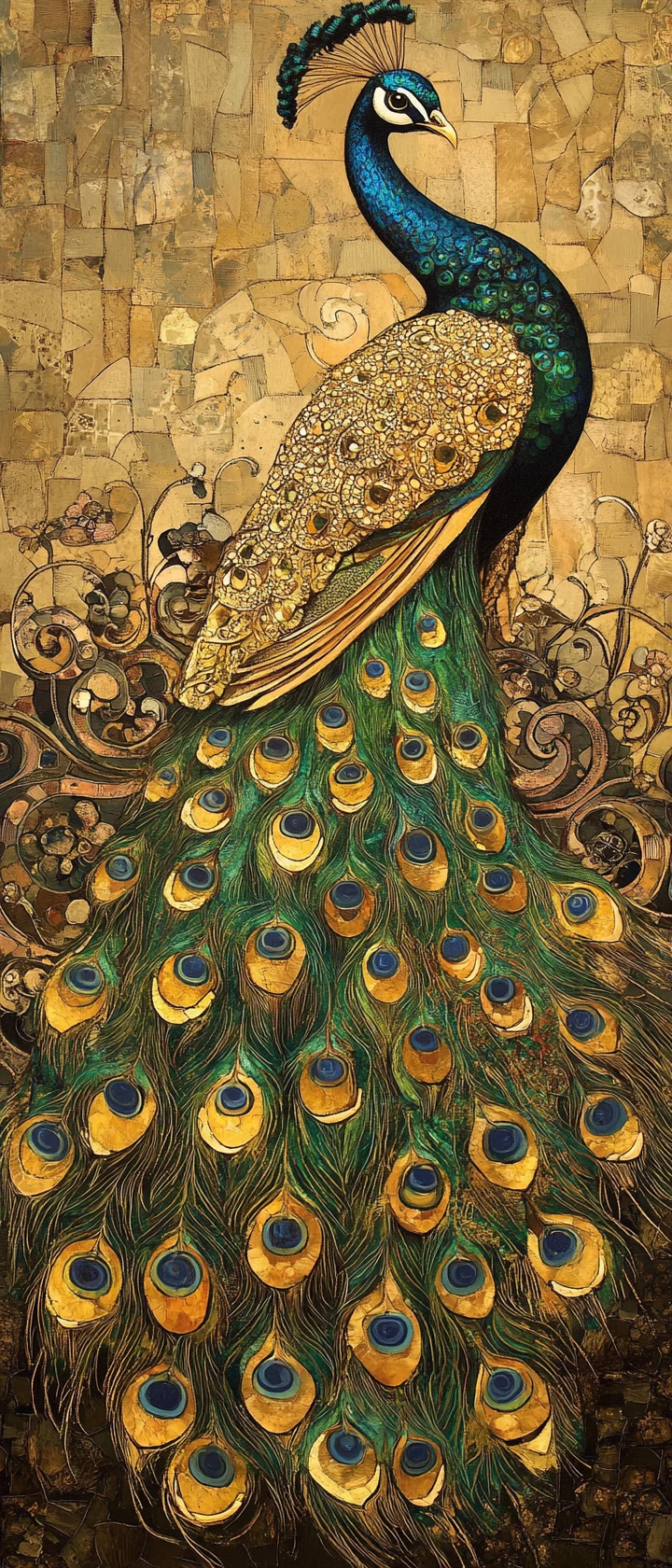 Pavão em mosaico dourado exibindo a cauda em um jardim estilizado